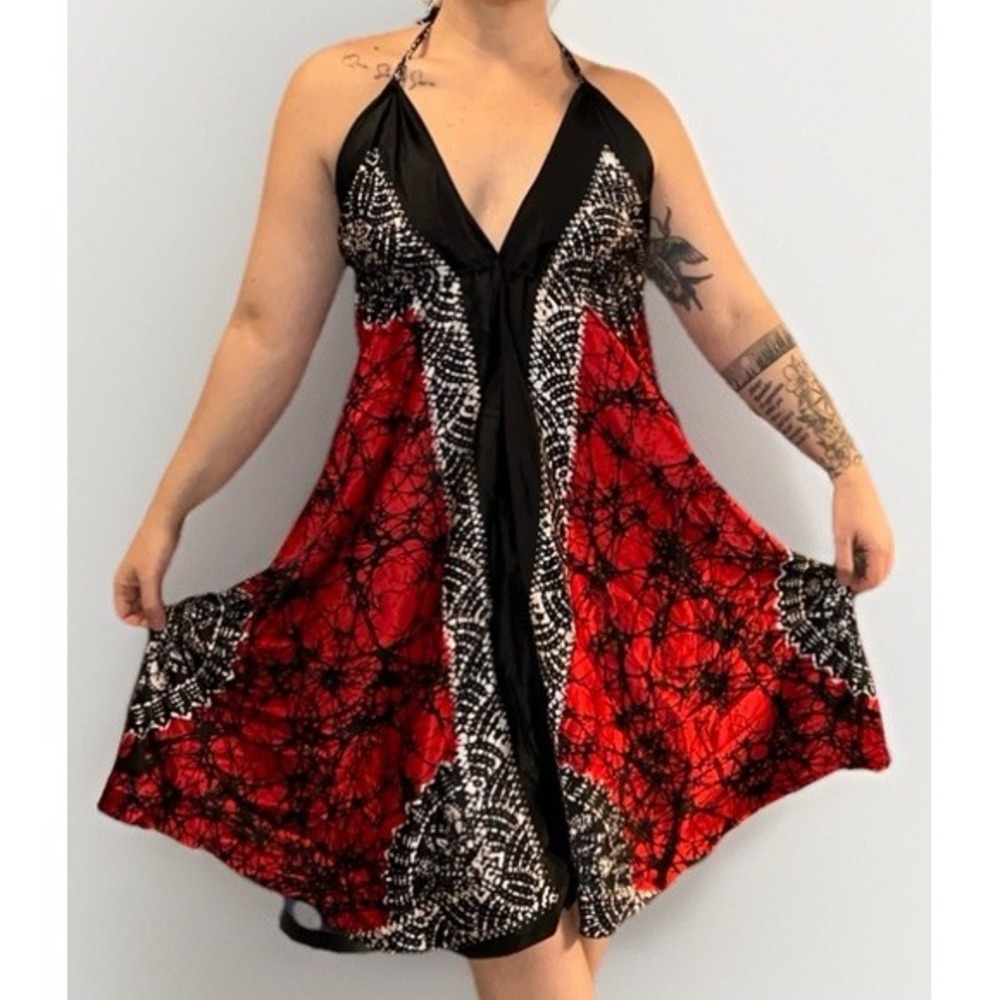 100% Silk Abstract V Neck Low Back Halter Hawaiian Dress‎ OS Flowy Boho Tropical